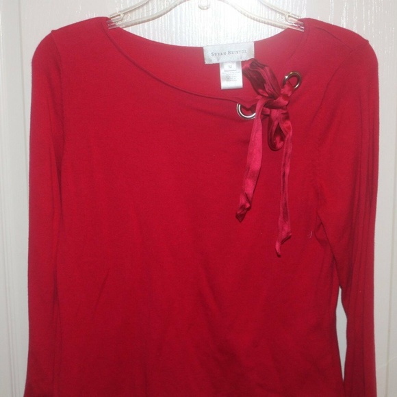 SUSAN BRISTOL PULLOVER RED SWEATER RIBBON TRIM 3/4 sleeve Medium EUC - Picture 1 of 3